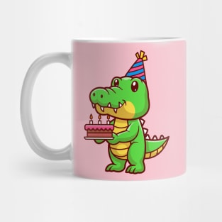 Cute Crocodile Holding Birthday Cake Cartoon Mug